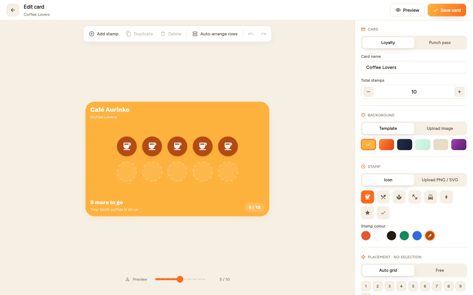 Screenshot of the Iloa Business web app: the card designer, with a Café Aurinko Coffee Lovers stamp card previewed on the canvas and the card, background and stamp settings on the right.