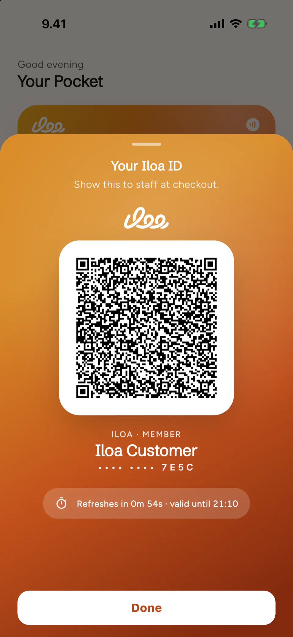 Screenshot of the Iloa Client app: the Your Iloa ID sheet, showing the rotating QR code a member holds up at the counter, with the countdown to its next refresh below it.