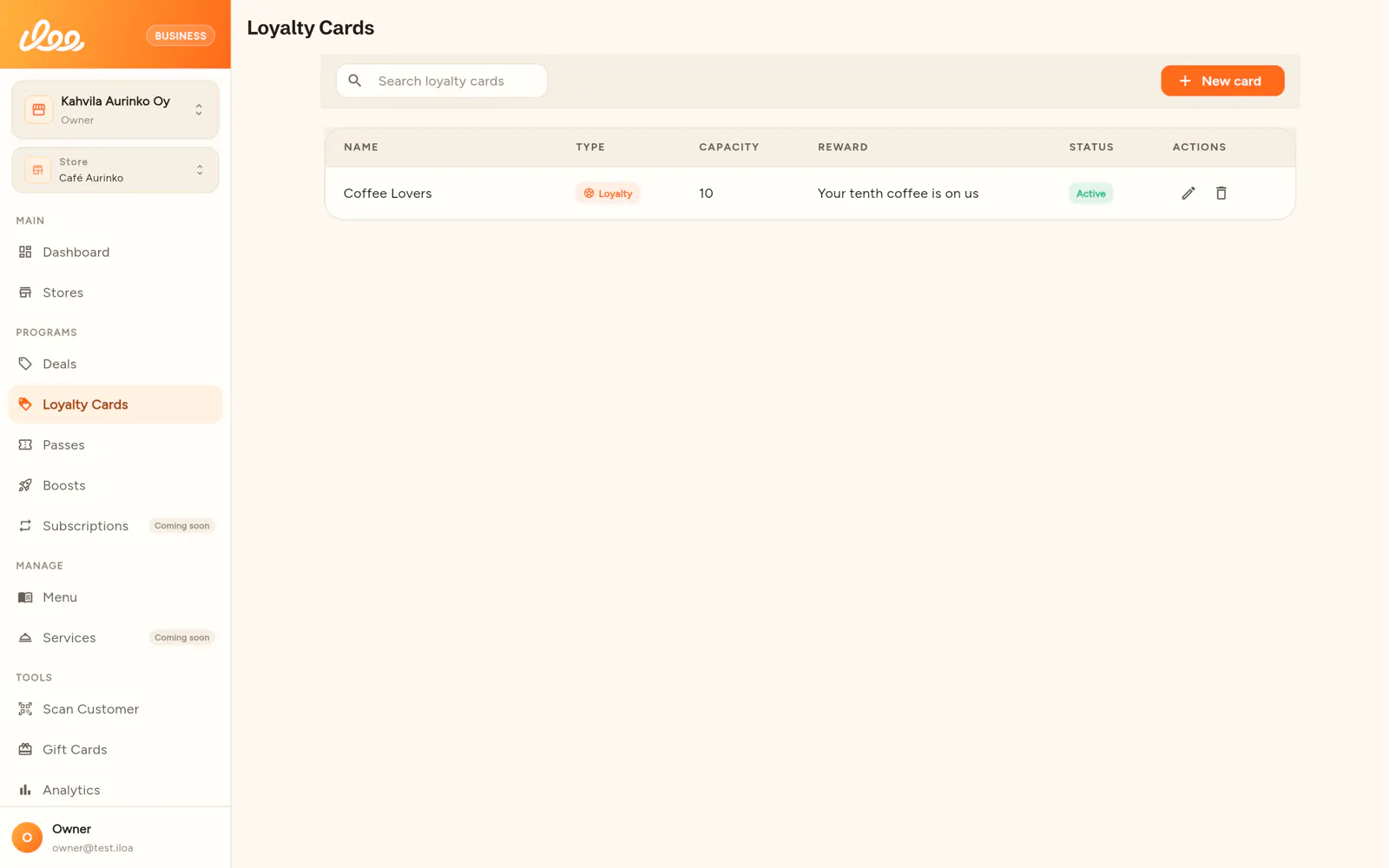 Screenshot of the Iloa Business web app: the Loyalty Cards list, showing the Coffee Lovers card with a capacity of ten, the reward “Your tenth coffee is on us” and an Active status.