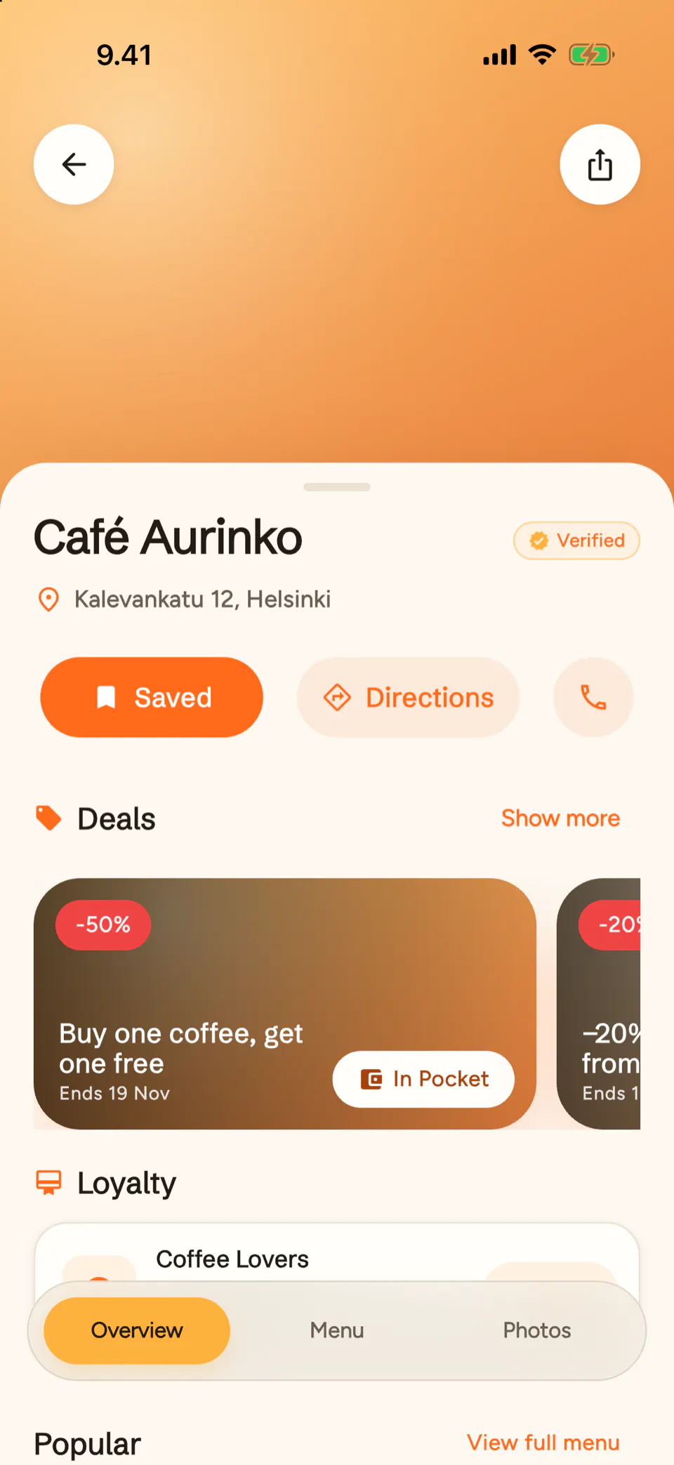 Screenshot of the Iloa Client app: the Café Aurinko place page, with a Verified badge, the street address, Saved, Directions and call buttons, a Deals rail and a Loyalty section.