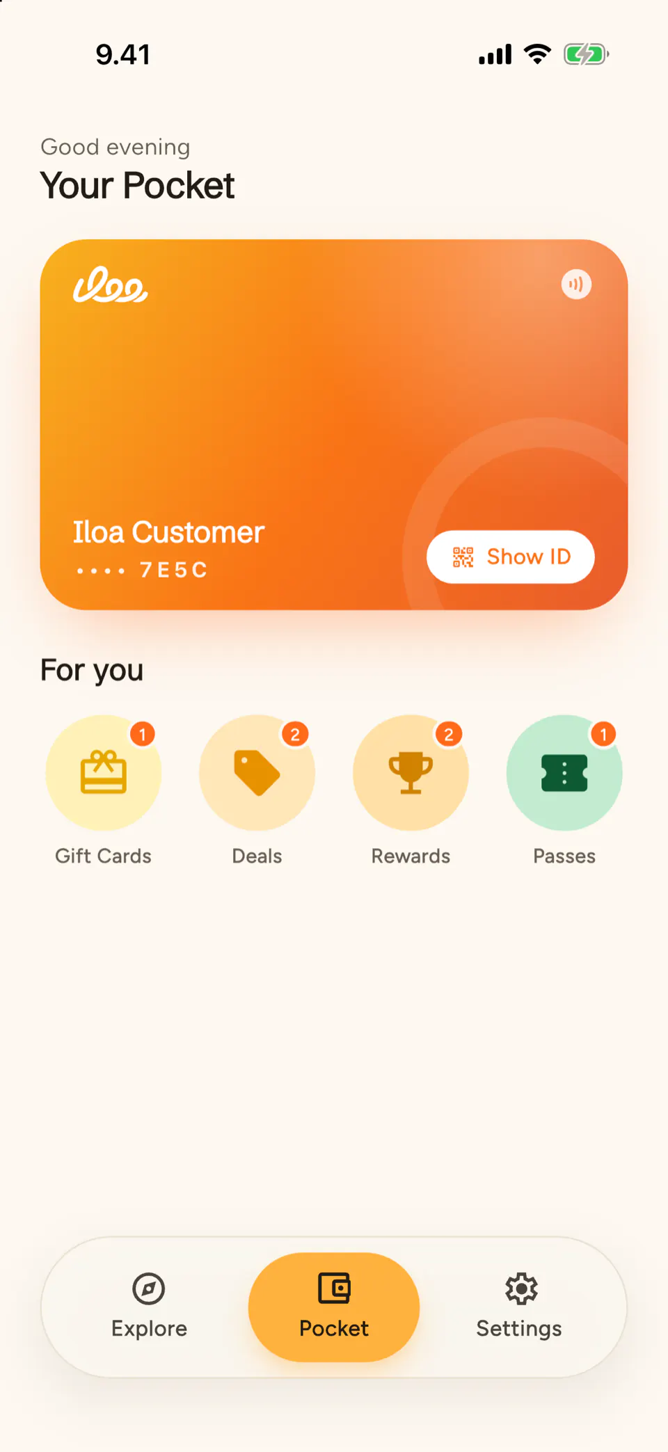 Screenshot of the Iloa Client app: the Pocket screen, with the member's Iloa ID card and its Show ID button at the top, and the For you row underneath showing one gift card, two Deals, two rewards and one pass.