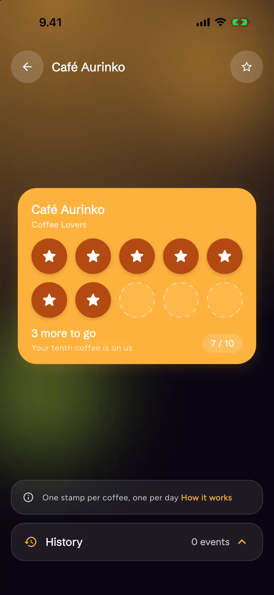 Screenshot of the Iloa Client app: the Coffee Lovers stamp card from Café Aurinko at seven stamps of ten, reading “three more to go, your tenth coffee is on us”.